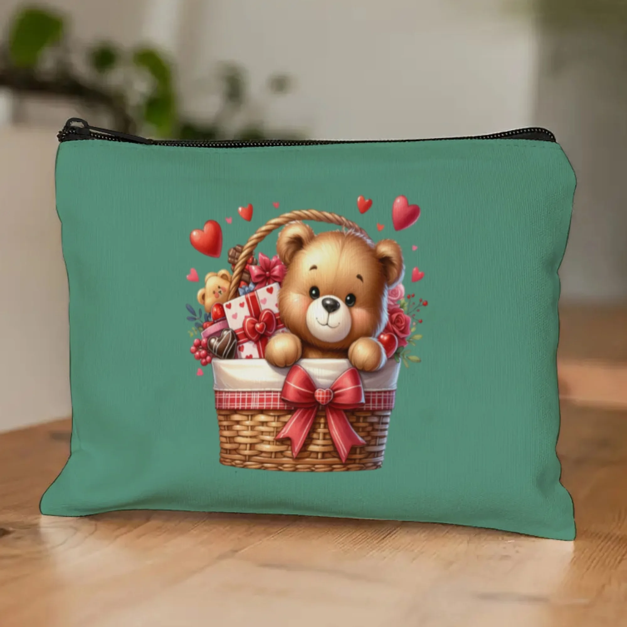 Regalo romántico de osito de peluche, bolsa de cosméticos, oso de caramelo tierno con lazo de corazón y textura de felpa, regalo Ideal para amantes del maquillaje