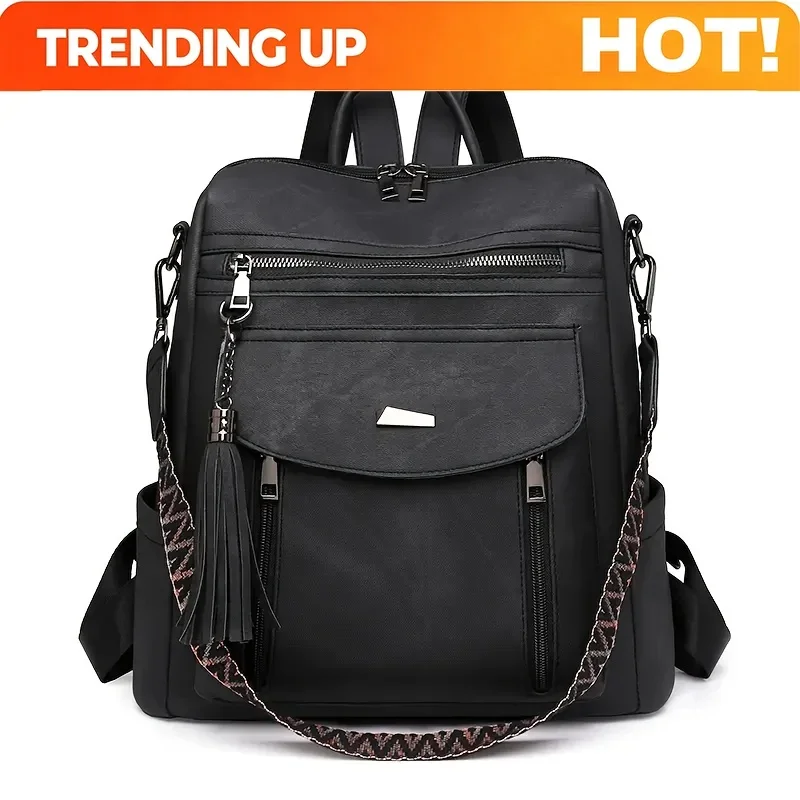 Adjustable Straps, Women's Large Capacity Backpack Stylish, Multiple Compartments, And Decorative Tassel Zipper Pulls Casual