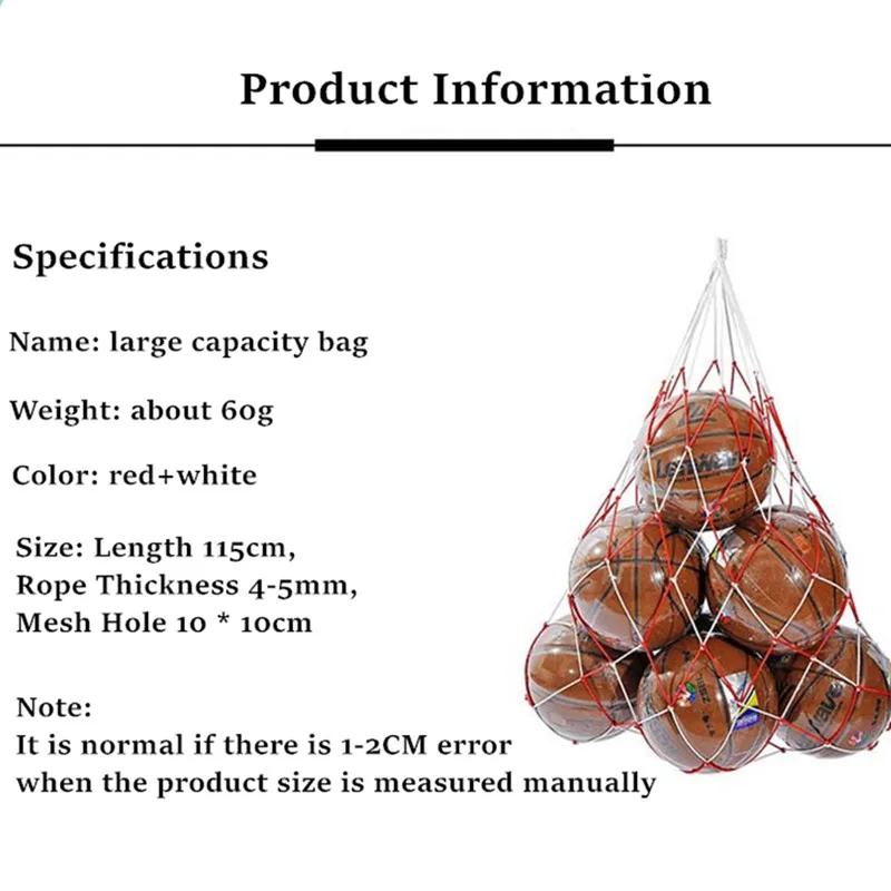 Outdoor Basketball Baskets Football Volleyball Large Nylon Red + White Braided Mesh Net Bag Sports Accessories