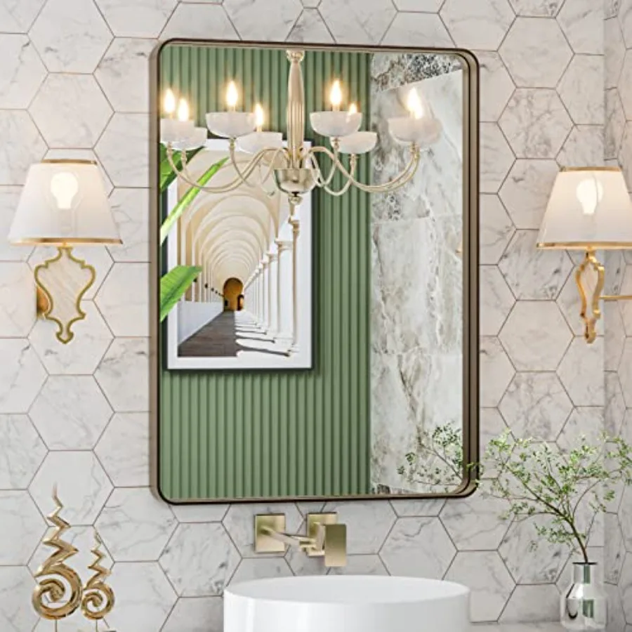 

20X30 Bronze Bathroom Mirrors for Vanity Rounded Rectangle Brushed Bronze Metal Frame Mirror with Anti-Rust Coating Ideal for M