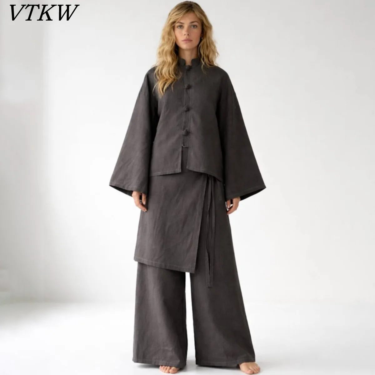 

VTKW 2026 New Women Fashion Linen Blouse Set Stand Collar Button Down Wrap Skirt Wide Leg Pants Elegant Casual Wear