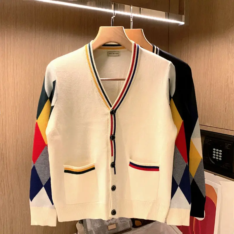 Chic Men Autumn Winter Long Sleeve Knitted Cardigans V-neck Patchwork Sweaters