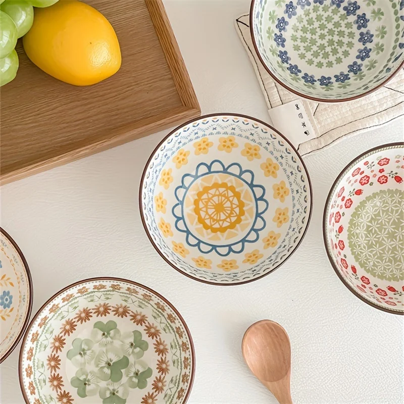 6 Pieces - Ceramic Flower Pattern Bowl、Italian Noodle Bowl、Salad bowl、Dessert Bowl、Multifunctional Kitchen Tableware、Dishwasher