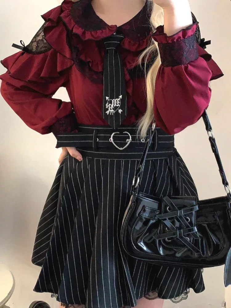 

Japanese Girl Lolita Long Sleeve Blouse Y2k Aesthetic Lace Patchwork Bow Shirt Women Kawaii JK Sweet Ruffled Tops Blusas Camisa