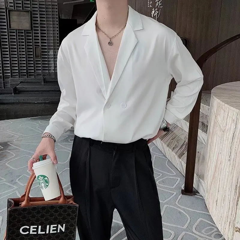 Shirts Men Minimalist Pure Fashion Korean Smart Casual Mature Рубашки Handsome Baggy Chic Vintage Streetwear Long Sleeve