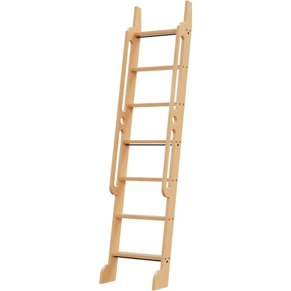 7 ft Rolling Library Ladder,Multi-use for Bookshelf/Loft Stairs, Sturdy Wood Step and Build-in HandrailRed Oak Total Length 86.7