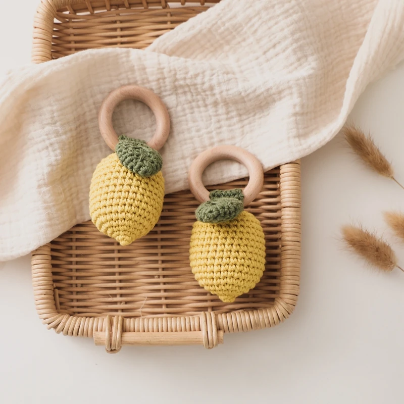 Baby Crochet Beads Wooden Ring Rattle Teether Toys Fruit Shaped Leaves Pine Nuts Beads For DIY Pacifier Chain Necklace Wholesale