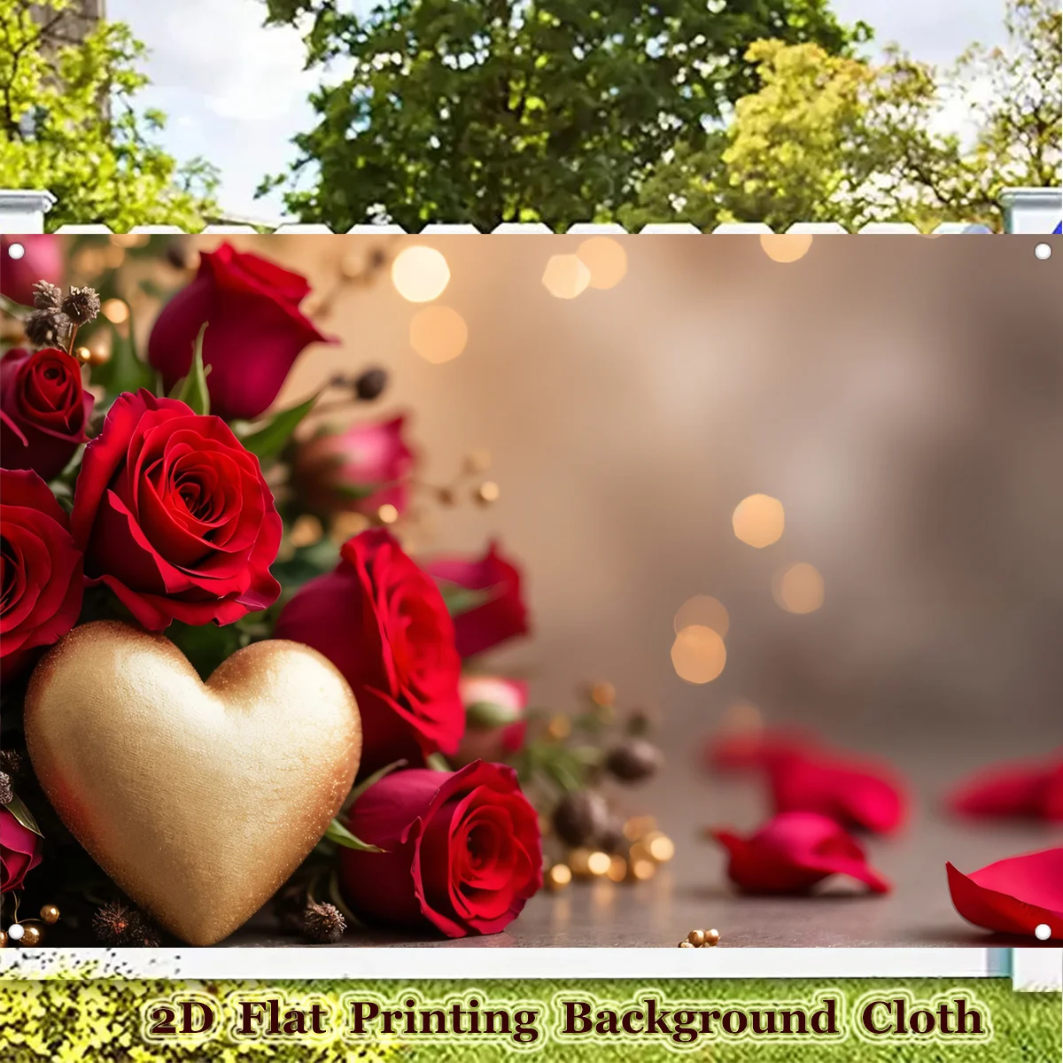 1 pieza de corazón dorado en ramo de rosas | Feliz día de San Valentín Banner de fiesta de poliéster, telón de fondo para fotografía de boda Mr & Mrs, adecuado