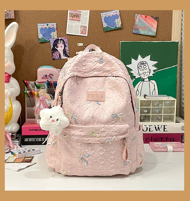 Colorful Bow Full Print Ruched Fabric Backpack Four Colors Available Large Capacity Girls Junior High High School School Bag