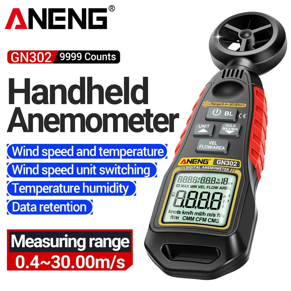 ANENG GN302 Digital Wind Speed Meter Test 9999 Counts 0.4~30m/s Anemometer Beaufort Wind Tester Thermometer Anemograph Tools