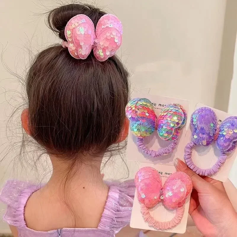 3 pçs lantejoulas corda de cabelo crianças scrunchies grande borboleta gravata alta rabo de cavalo trança menina borracha headwear acessórios para o cabelo