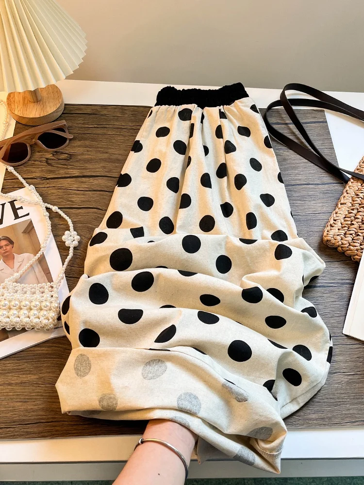 

Летние тонкие широкие брюки в горошек, женские эластичные талии, японский дизайн, свободная повседневная юбка с девятью точками