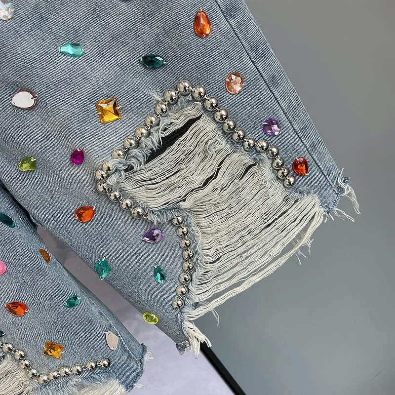 Colorful Diamond Studded Nail Bead Ripped Jeans Blue High Waisted Loose Shorts Shiny Fashionable Versatile Casual Trousers