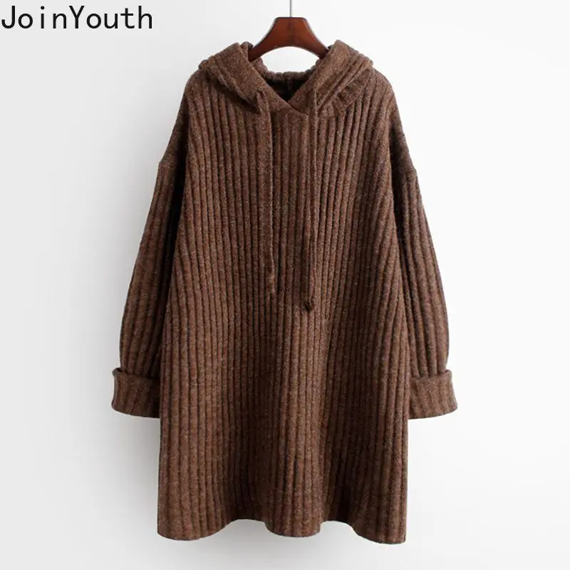 Oversized Pullovers Women Fall Winter Clothing Vintage Korean Jumper Hooded Bandage Sueter Mujer Casual Chic Knitted Sweater