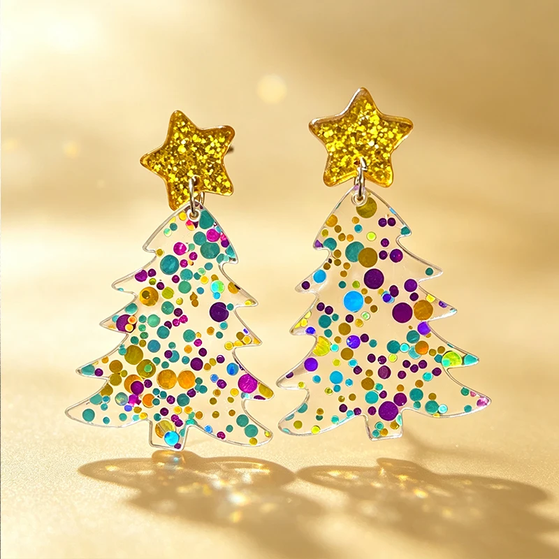 Transparent Laser iridescent circle sequins Glitter Christmas Tree Earrings Shiny Pentagonal Stars Earrings Christmas Gifts