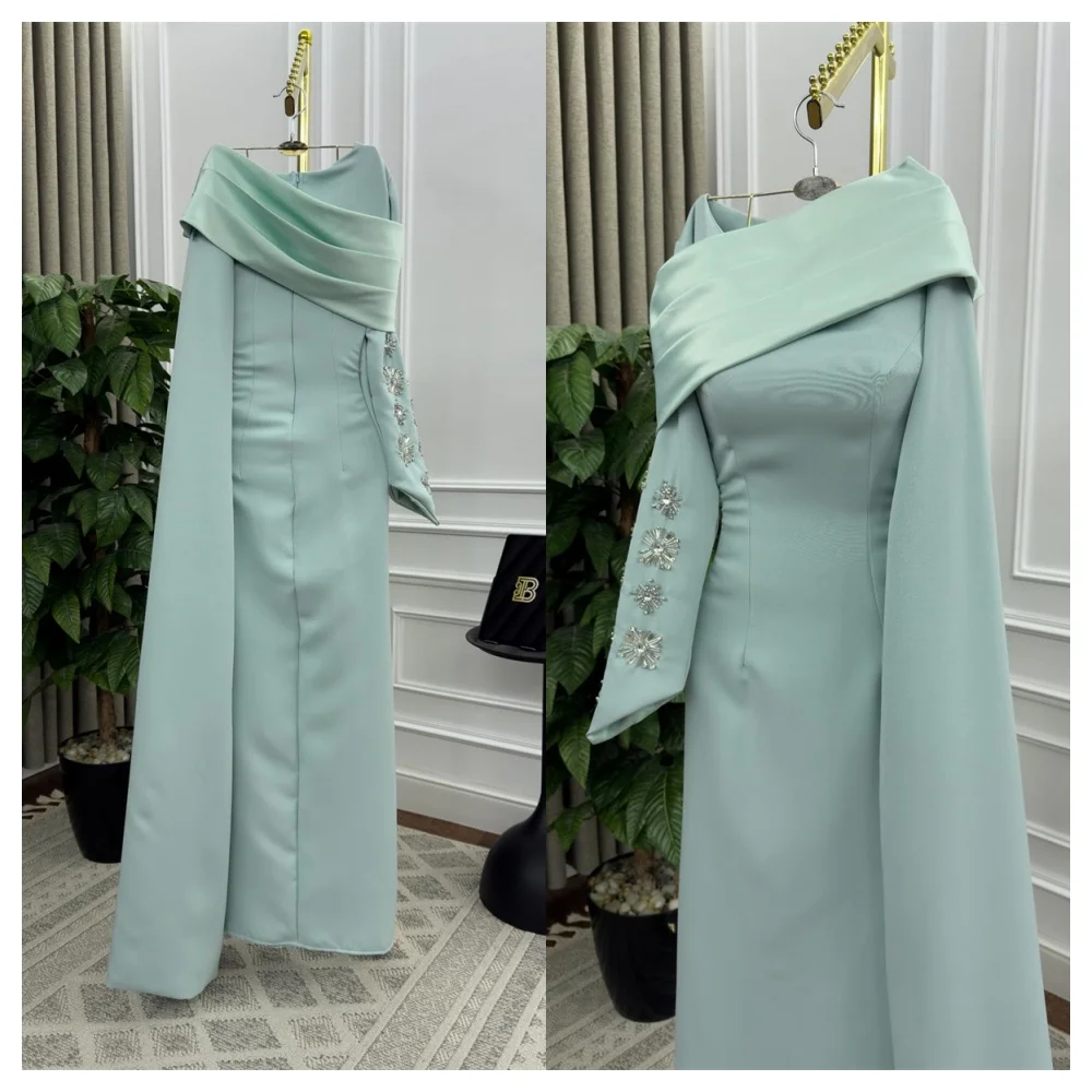 Customized Formal Green Jersey Evening Dress Fashion Boat Neck Off the Shoulder Long Sleeves Party Dress Fashion Celebrity Gowns image 2