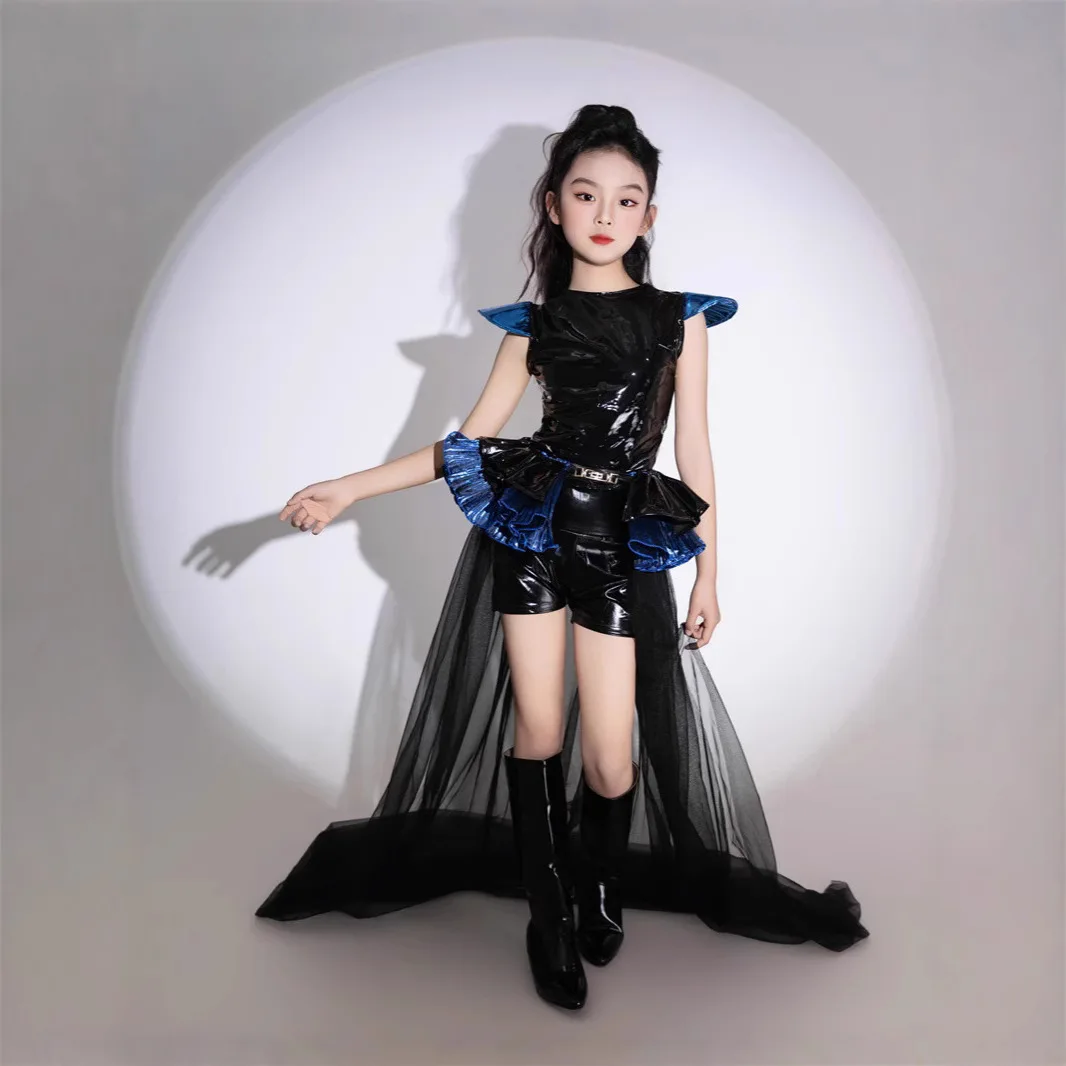 Girls' trendy motorcycle style leather suit set 7 punk future blue dragon feeling runway show outfit new