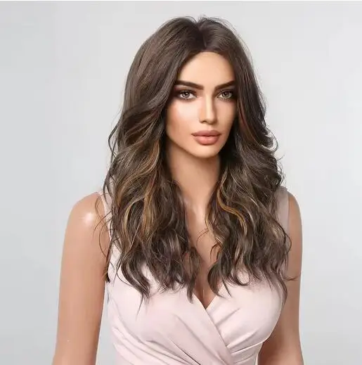 Brown Highlight Wavy Synthetic Wigs for Women Long Curly Wig Natural Middle Part Hair for Daily Party Heat Resistant