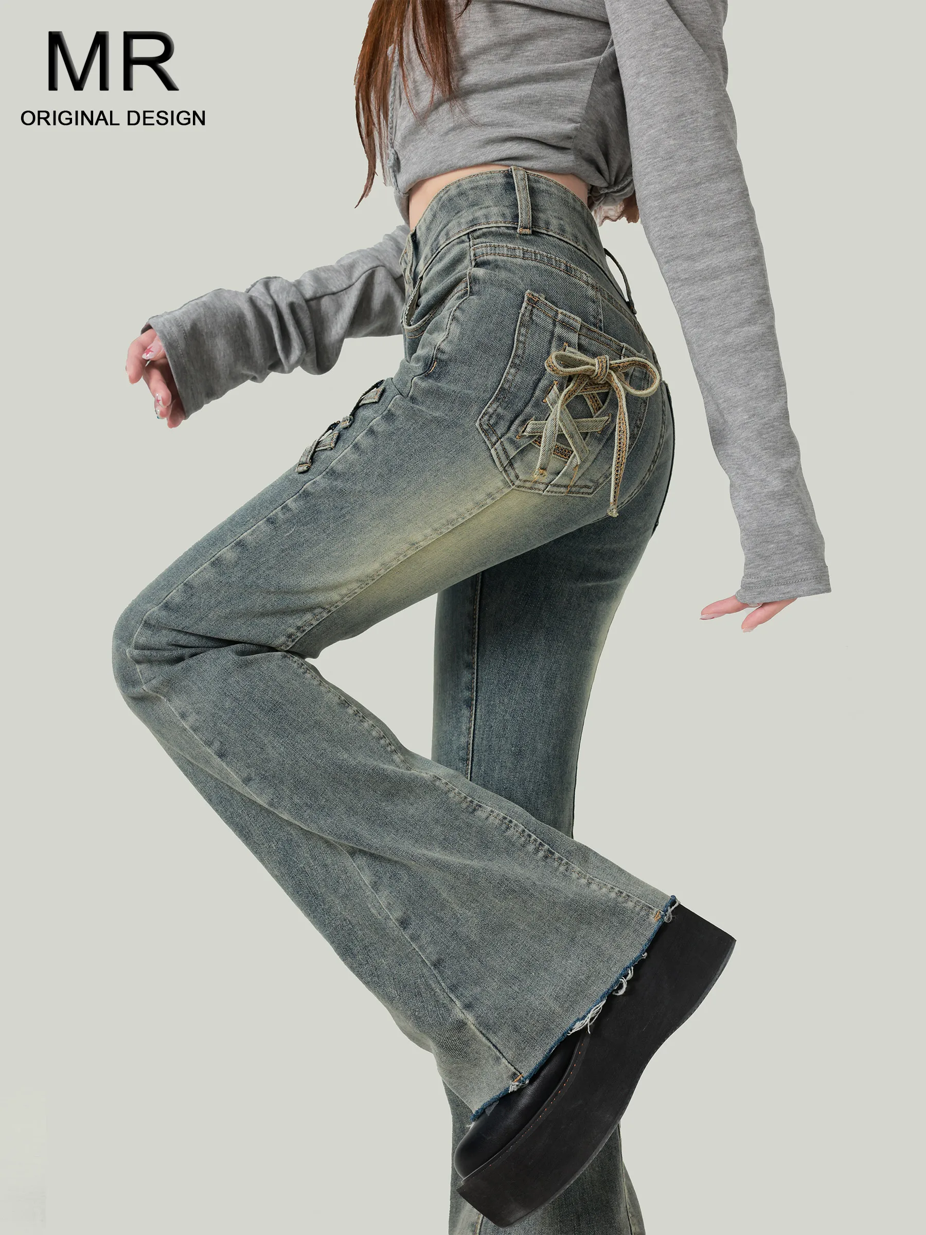 

Retro Bow Tie Patchwork High Waist Bell Bottom Denim Jeans Women's Autumn Winter Slimming Hoof Flared Pants