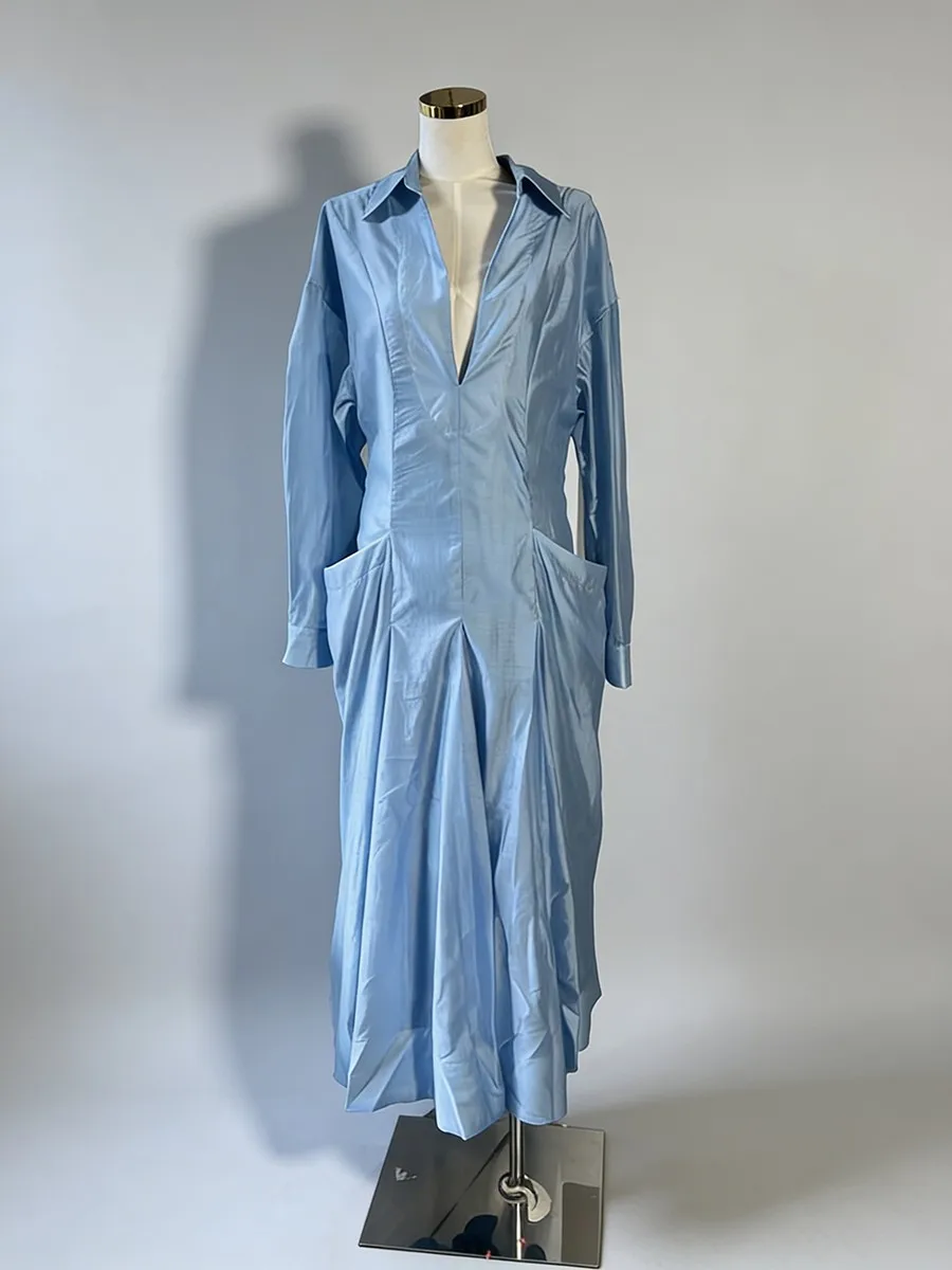 Twotwinstyle sólido sheer emendado bolsos vestidos minimalistas para mulheres com decote em v mangas compridas túnica design sentido vestido feminino novo