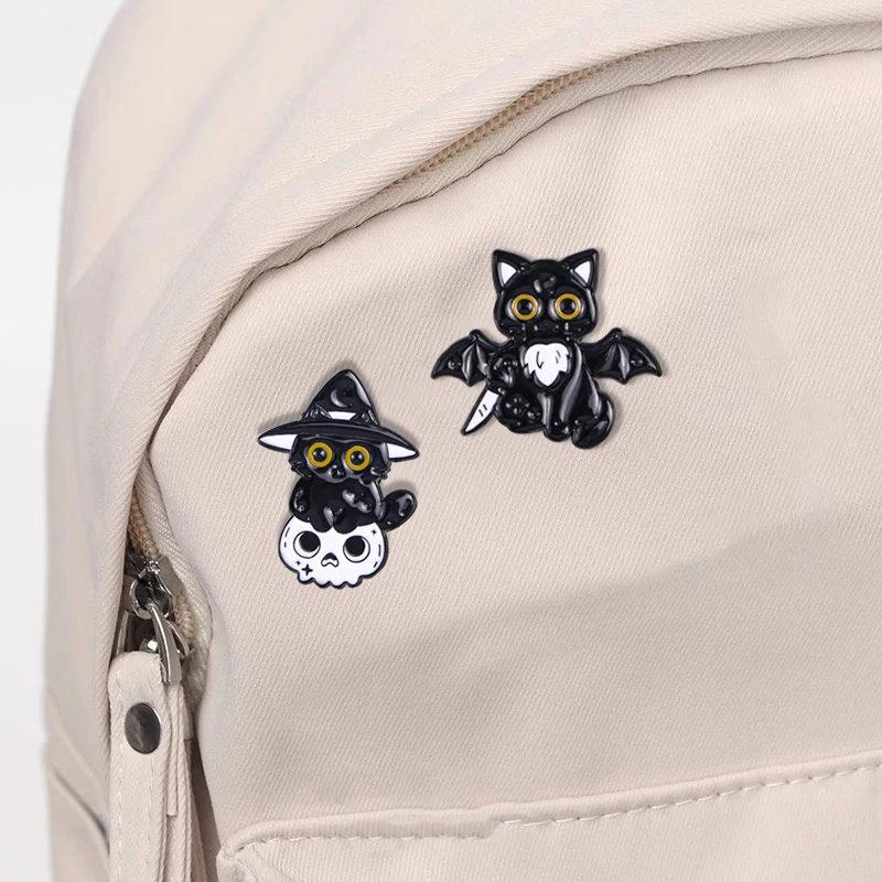 Black Cat And Skull Head Collection Enamel Pins Kitty With Knife Gun Magic Hat Brooches Halloween Day Gift