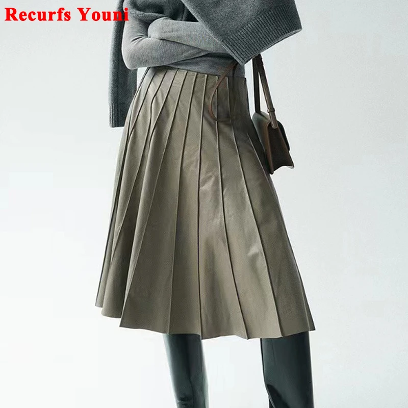 Charming Pleated Skirt Women Harajuku Heavy Industry 100% Leather Patchwork Long Faldas Female Slim Gothic Cothes Jupe Longue