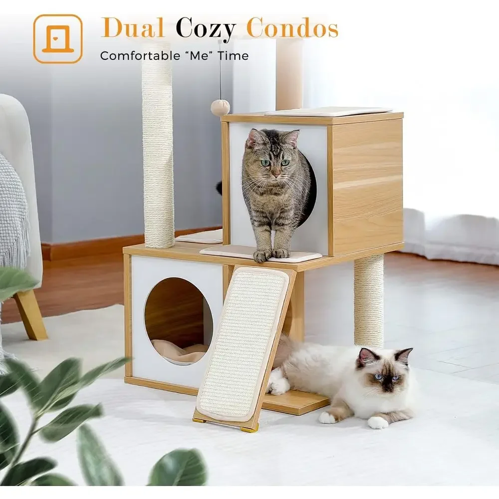 35 Wooden Cat Tower with Double Condos, Spacious Perch, Wrapped Sisal Posts, Replaceable Balls - Walnut - view 5