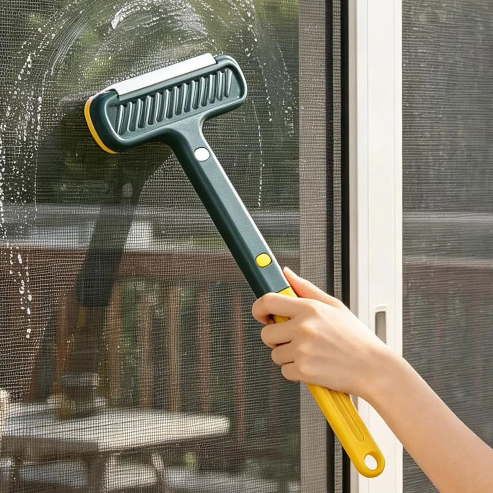 Cepillo Limpiacristales 2 en 1 con Espátula, Herramienta Multiusos con Mango Extensible para Patio, Balcón, Vidrio, Puerta de Porche