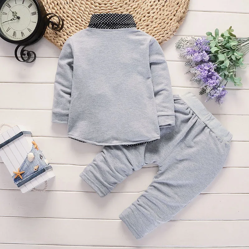 Spring and Autumn New Boys\' Dot Colored Bow Knot Long Sleeve Pants Gentleman Two Piece Wedding Flower Children Polo Set for 1-5Y