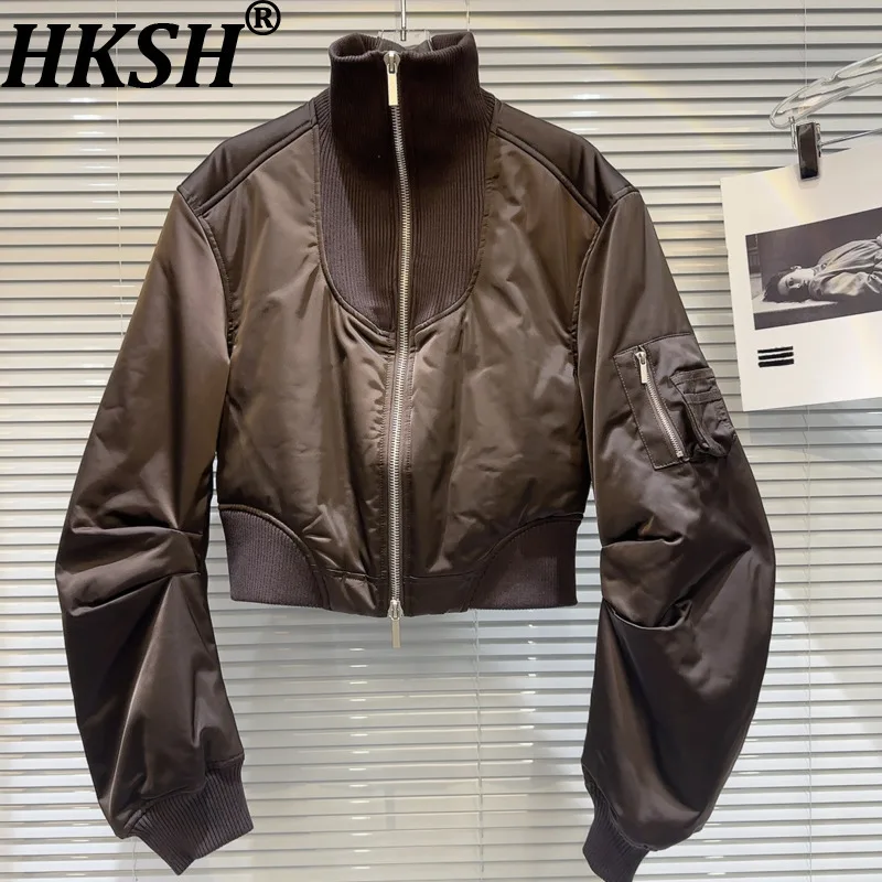 

HKSH 2025 Winter New Women's Short Cotton-padded Coat Knitted Stand Collar Patchwork Zipper Streetwear Trend Warm Jacket HK15391