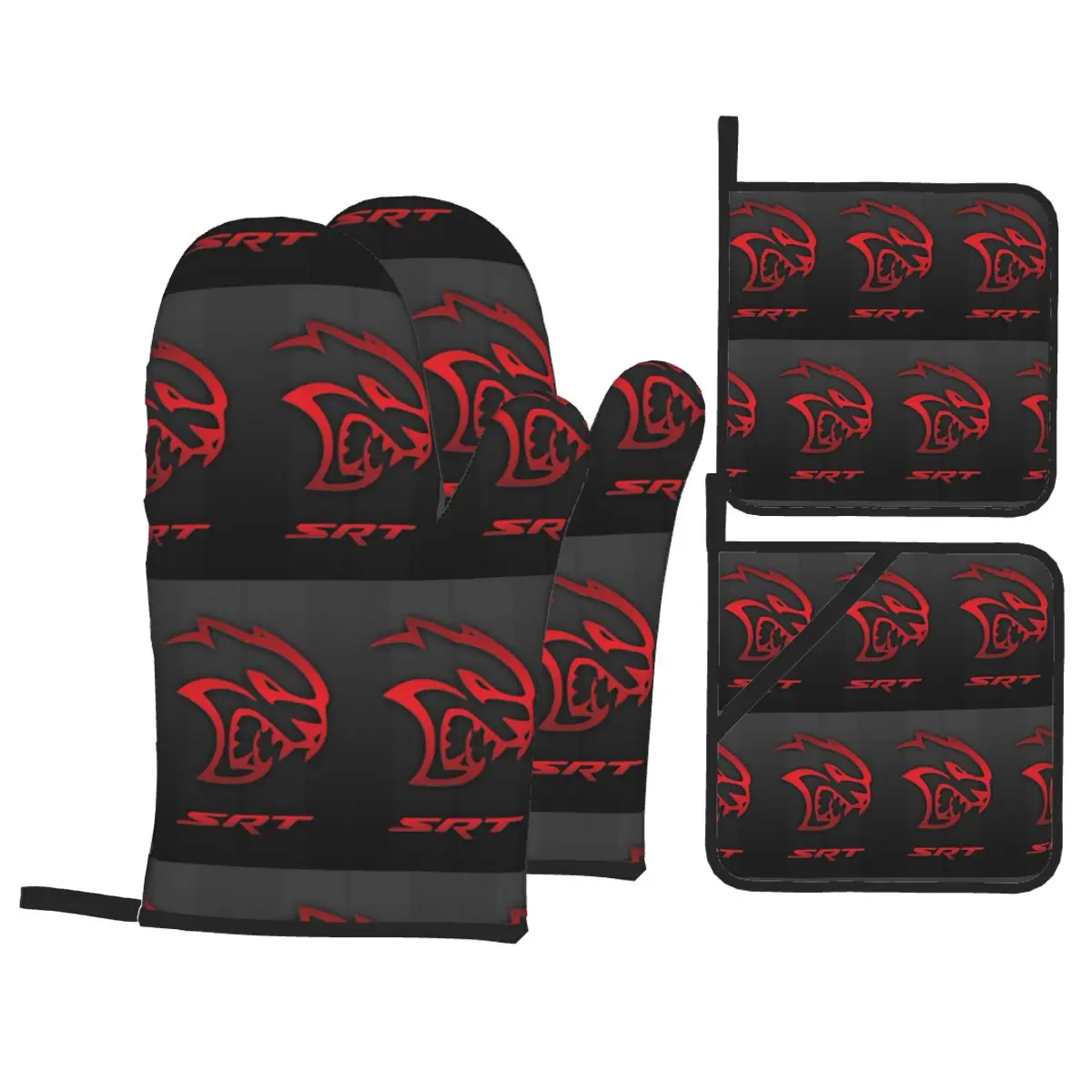 Dodge Hellcat Srt Logo Oven Mitts and Pot Holder Sets of 4 for Baking Kitchen Cooking Grilling Resistant Non-Slip Gloves