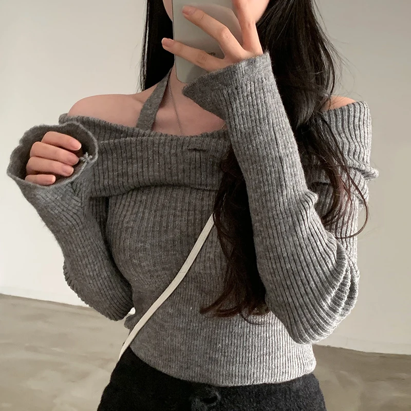 

Chic Vintage Winter Knitted Shoulder Bared One Shoulder Neckline Slimming Women's Sweater Korean Style Long Sleeve Crew Neck