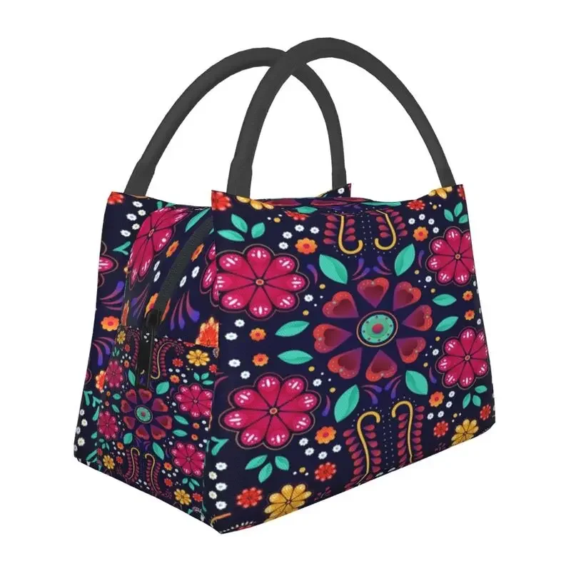 Elegant Mexican Floral Insulated Lunch Bags for Women Leakproof Mexico Flowers Cooler Thermal Bento Box Beach Camping Travel