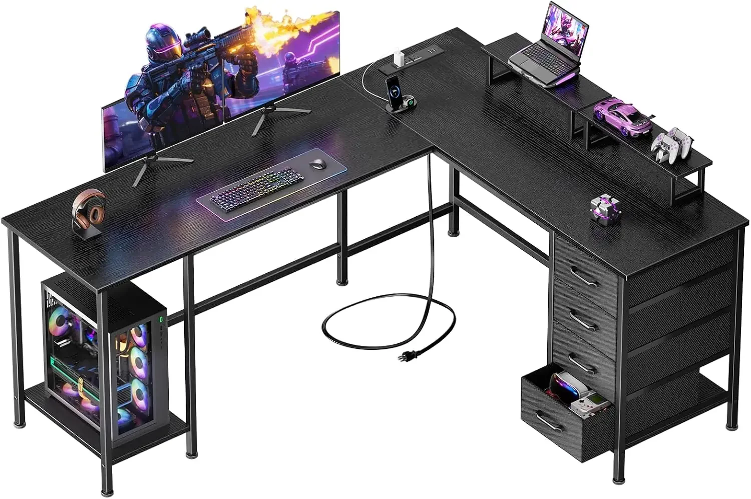59 inch L Shaped Computer Desk with Power Outlets, Black | Ideal for Home Office, Bedroom, Corner, 4 Adjustable Storage
