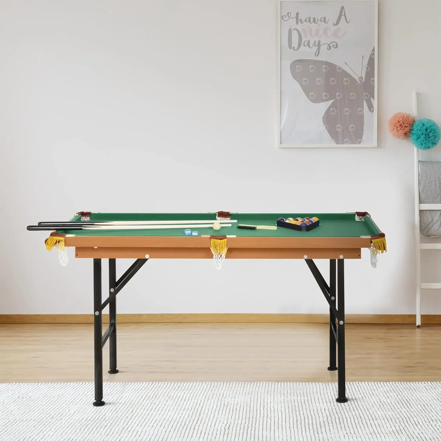 Portable Folding Billiards Table Game Pool Table for Whole Family Number Use with Cues, Ball, Rack, Chalk, Green