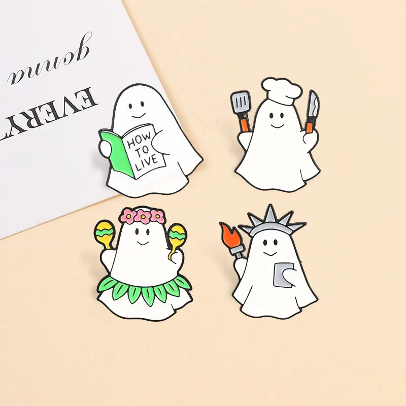 Cute Cartoon Ghost Badges Liberty Book Chef Boo Fitness Enamel Pins Fun Flork Memes Brooches Jewelry Gift for Friends