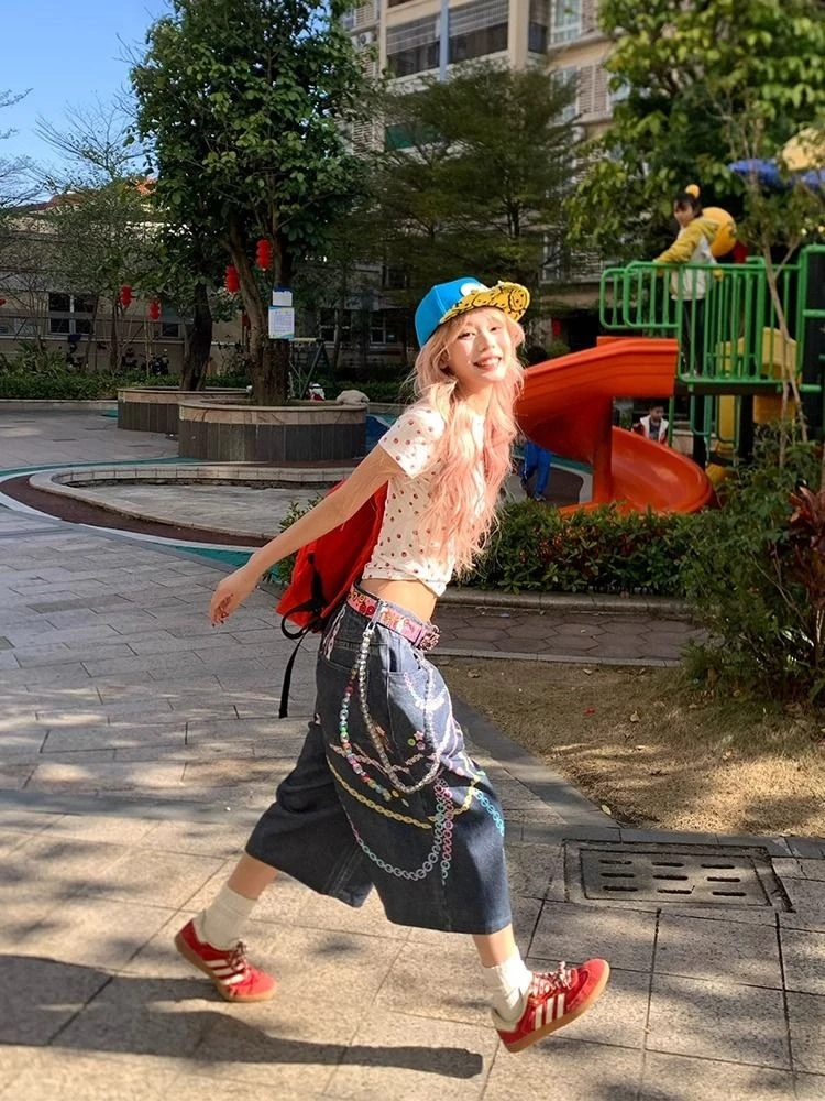 American Vintage Chain Print Calf-Length Pants Women Streetwear Loose Wide Leg Denim Shorts Women Casual Spring Summer 2026