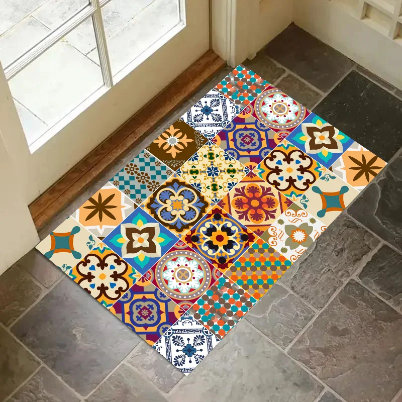 1PC Portuguese Tiles Azulejo Portugues Floor Mat Home Bedroom Kitchen Non-slip Floor Rug, Absorbent Anti-fouling Door Mats