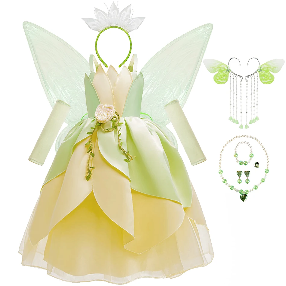 Luxury Tiana Dress For Girl Purim Princess Outfits Kid Halloween Fantasy Cosplay Costume Tiana Frog Dress Up Theme Sets