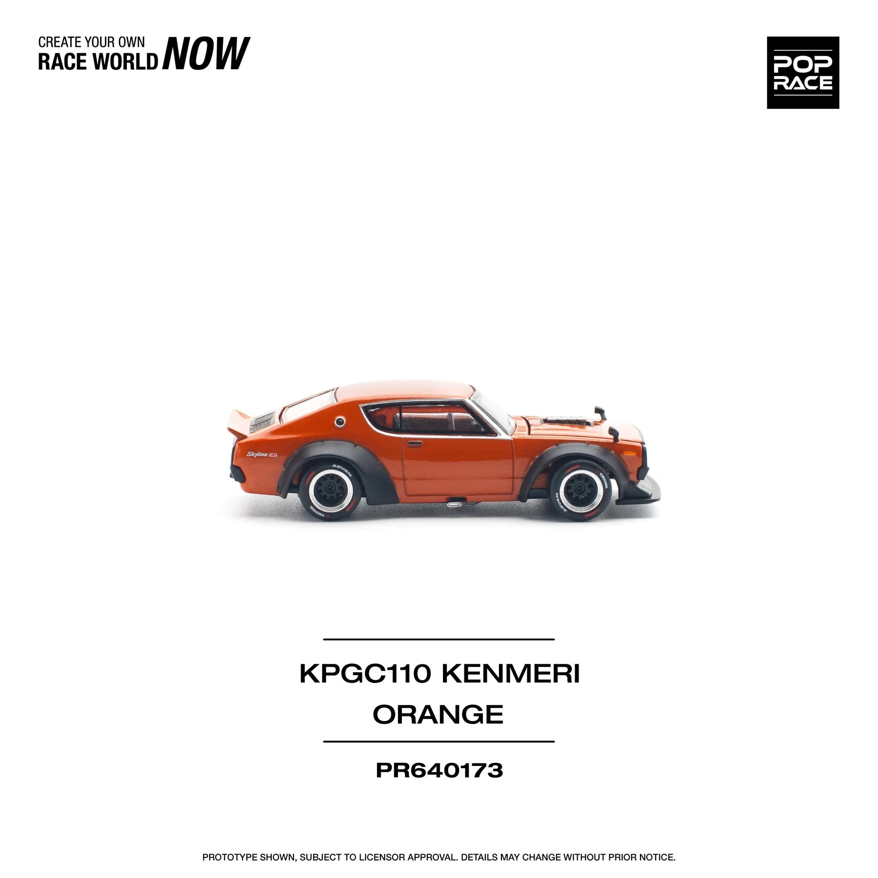 PreSale Pop Race 1:64 Skyline KPGC110 Kenmeri V8 Drift Orange Diecast Diorama Car Model Toy