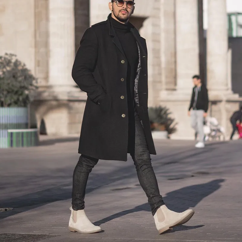 Youth Winter Long Woolen Overcoat Casual Jaet Men's Coat Loose Fit Sle Single Button Closure Pure Color Other Material