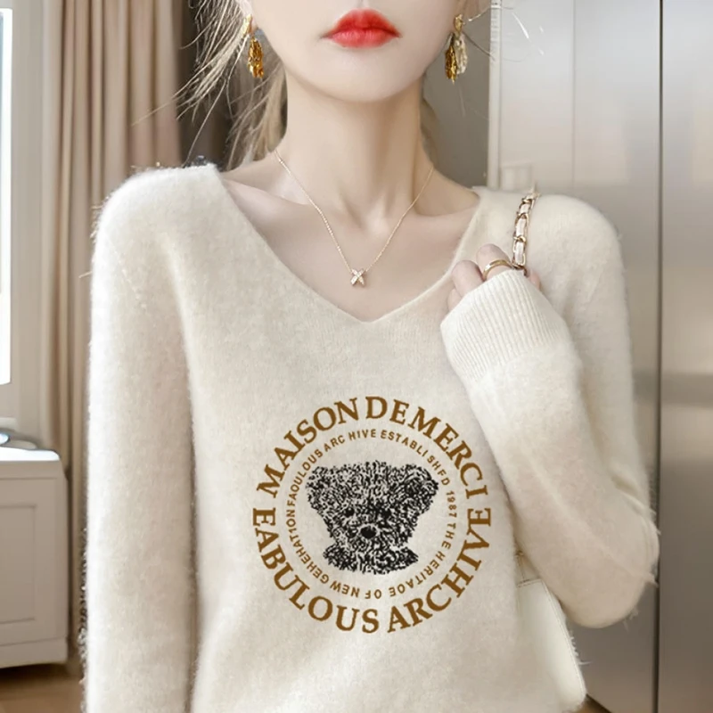 

2025 women's cashmere sweater long sleeved women's pullover sweater women's knitted V-neck autumn and winter cashmere sweater