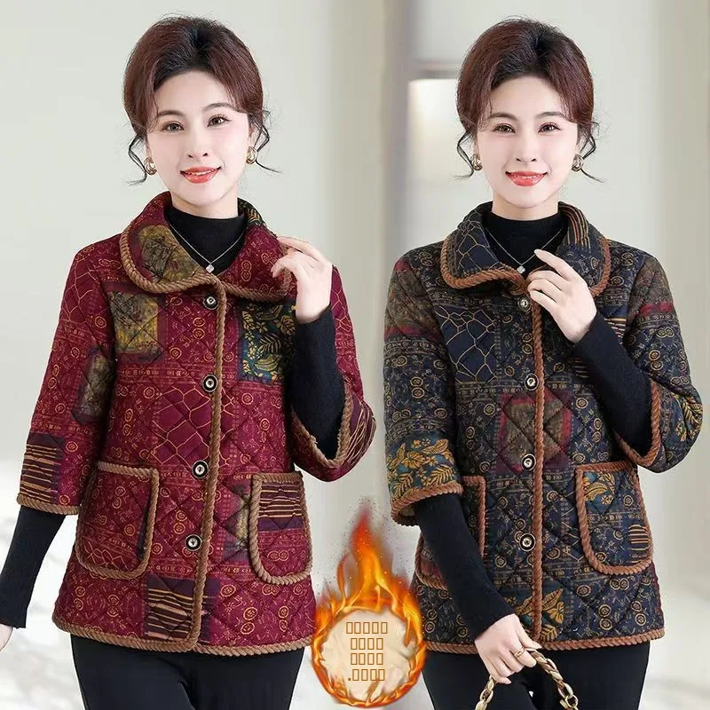 

Теплая хлопковая куртка на флисовой подкладке для женщин среднего и старшего возраста, повседневная одежда для мам, с отложным воротником, рукава три четверти