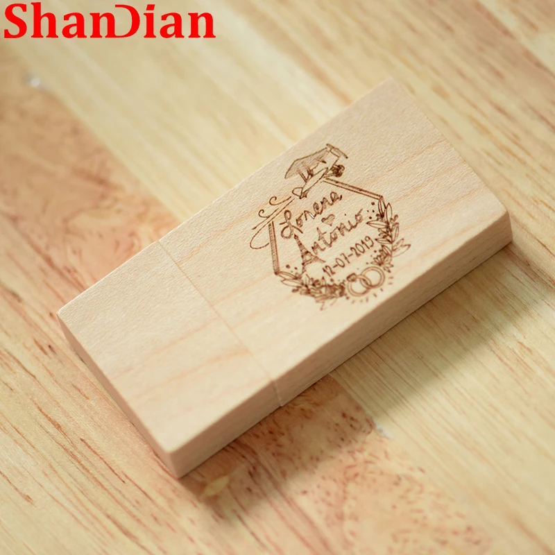 SHANDIAN Wooden Photo Album USB Flash Drive 128GB Free Customized Logo Pen Drive Wedding Gift Box Memory Stick (105*105*40mm)