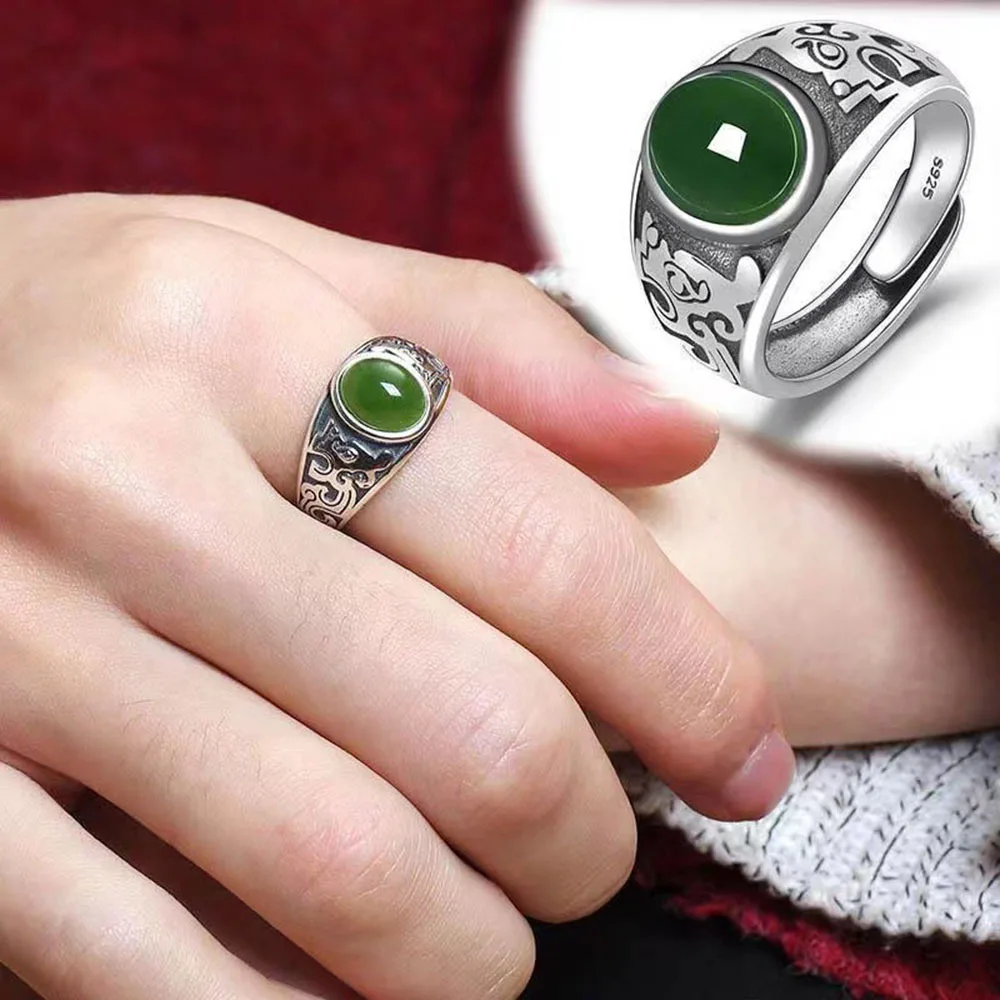 Vintage Mens Jewellery Imitation Hotan Jade Jasper Men's Silver Plated Ring Emerald Ring Adjustable Open Jadeite Ring Jewelry