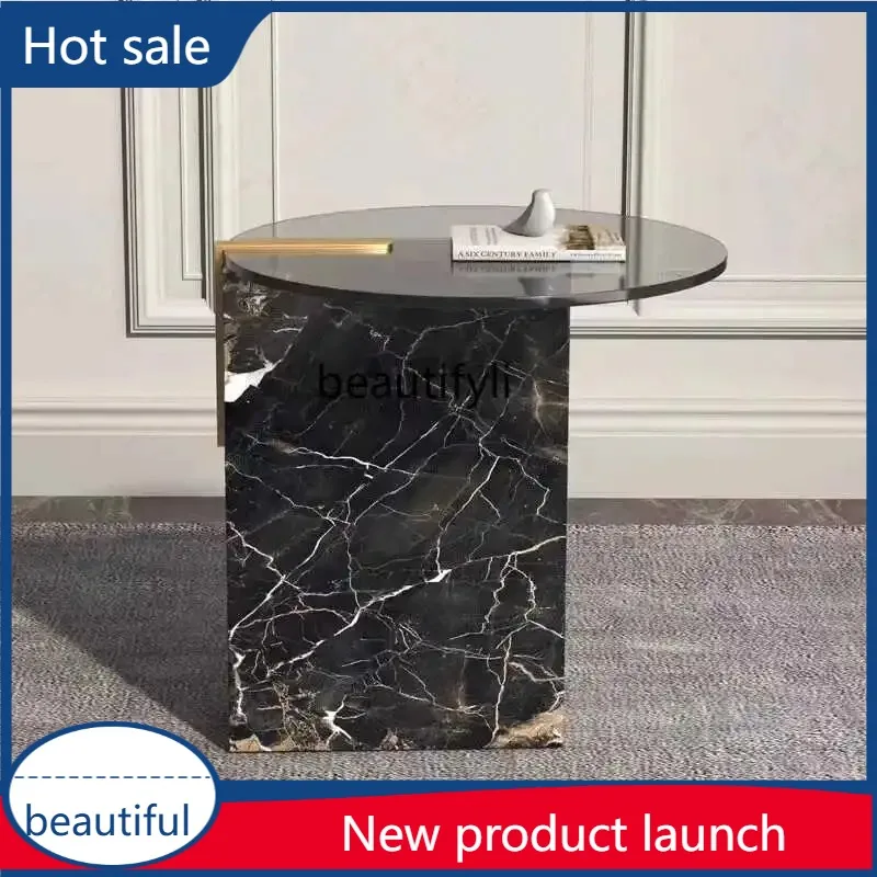 Y029  Italian light luxury glass sofa corner marble edge modern simple designer round small coffee table