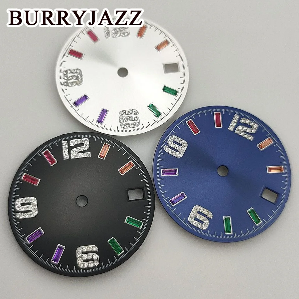 BURRYJAZZ 28.5 ملم بدون شعار NH35 قرص الساعة فضي أسود أزرق أخضر قرص مناسب 3 الساعة 3.8 ساعة تاج