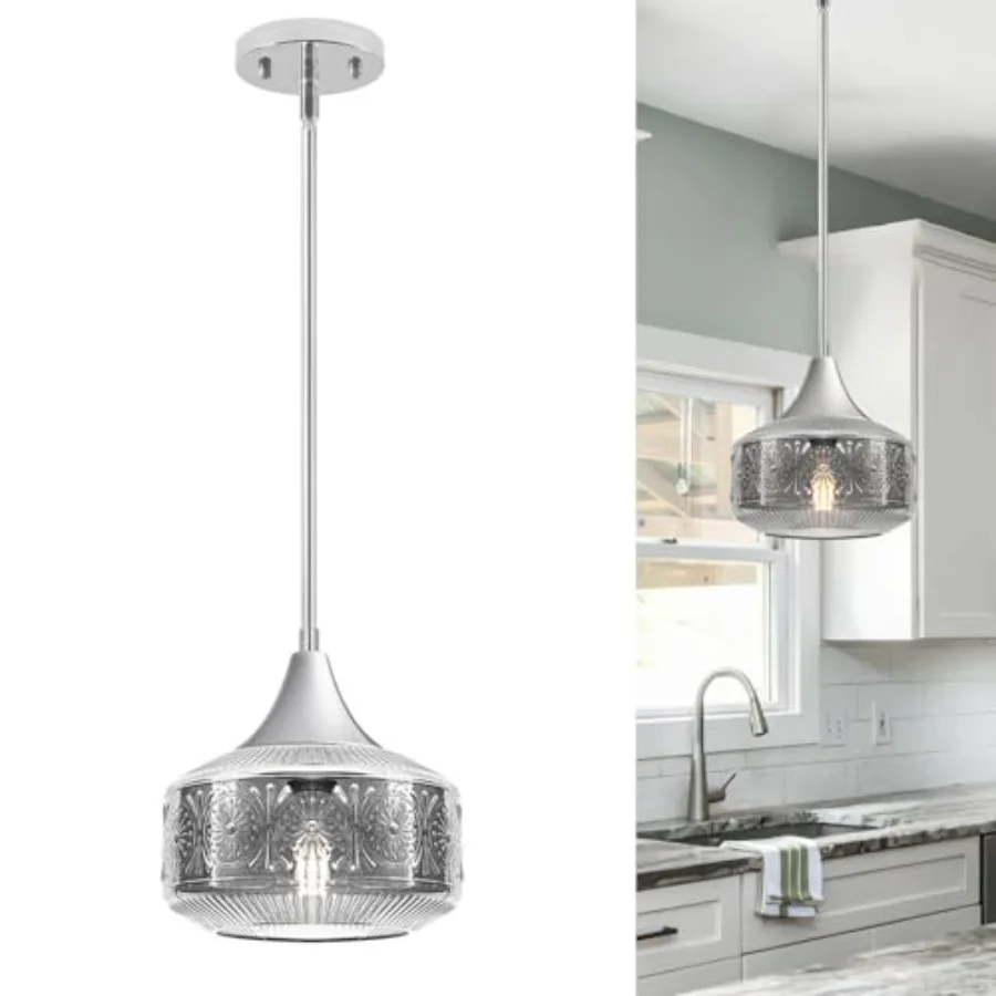 

Modern Chrome Pendant Lights Kitchen Island 9 Inch Smoke Grey Glass Pendant Light with Adjustable Hanging Rod E26 Socket for Ki