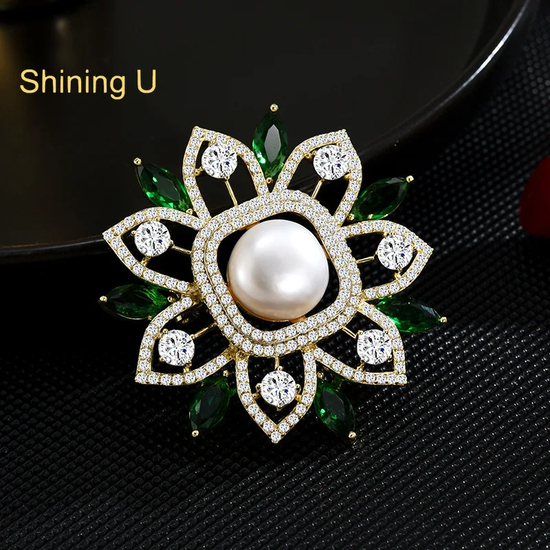 

Shining U Luxury Freshwater Pearl Zircon Gems Brooch for Women Fashion Accessory Gift