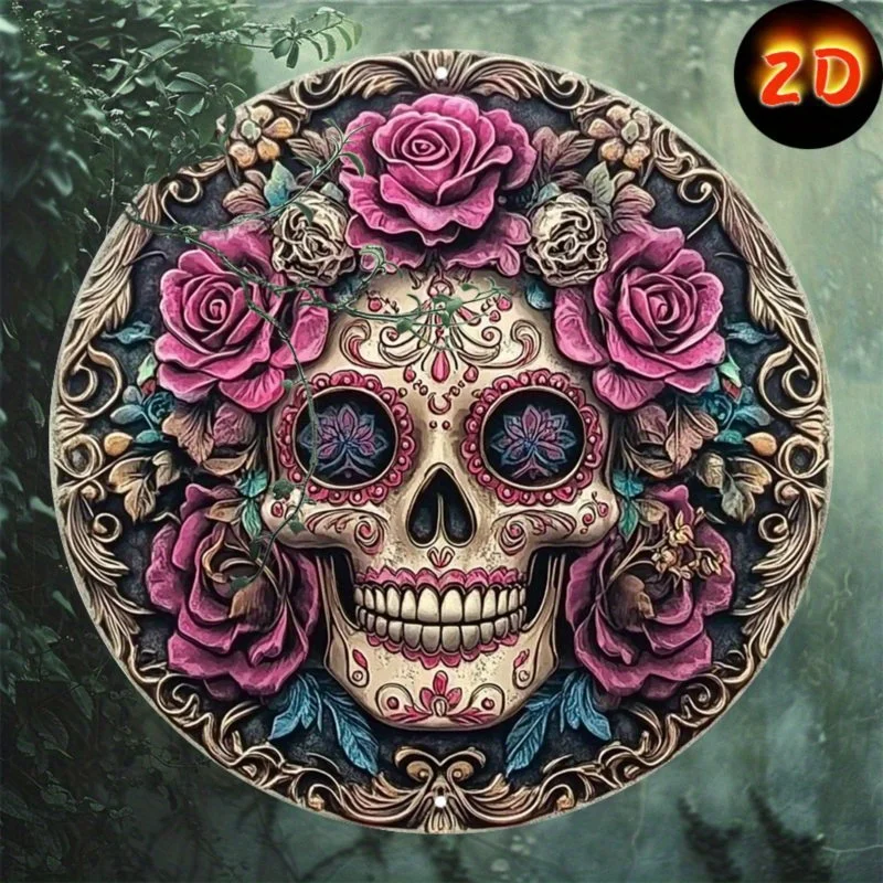 Traditional Sugar Skull Floral Wreath Metal Sign Art, 8x8 inch Aluminum Wall Hanging Decor for Home, Kitchen, Garden, Bedroom